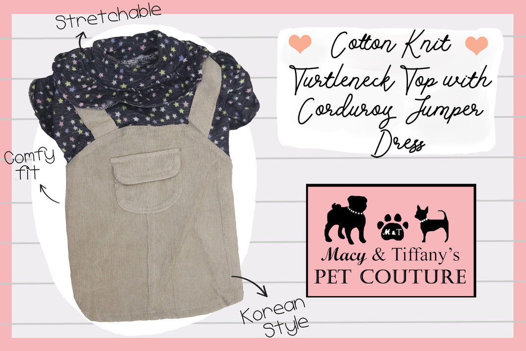 Cotton Knit Turtleneck Top with Corduroy Jumper Pet Dress